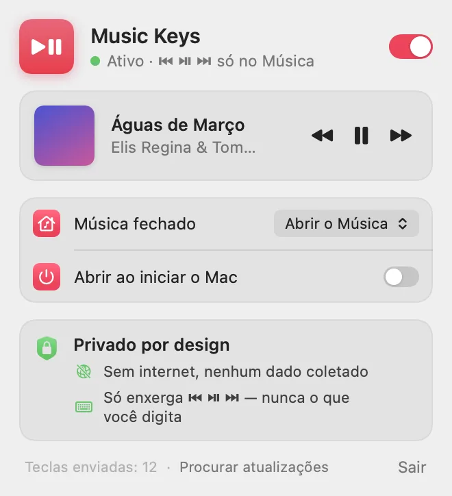 Menu do Music Keys: faixa tocando agora com capa e controles, escolha do que fazer com o Música fechado e o resumo de privacidade