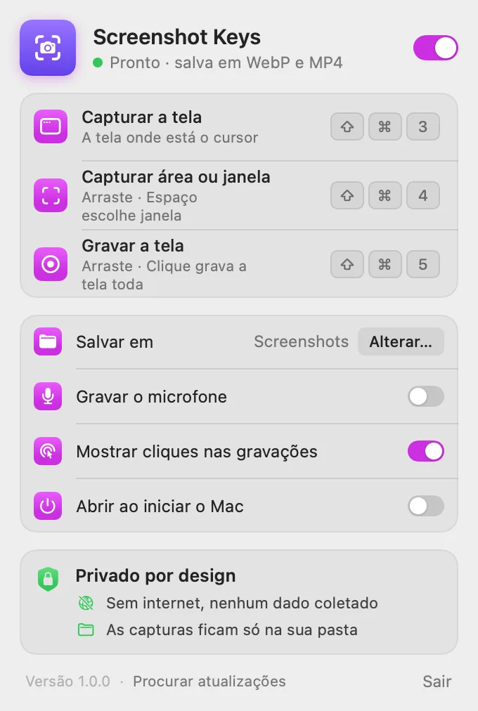 Menu do Screenshot Keys: atalhos de captura e gravação, pasta de destino, microfone e destaque de cliques