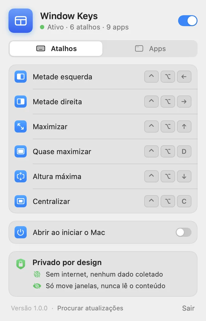Menu do Window Keys, aba Atalhos: os seis atalhos de janela com suas teclas
