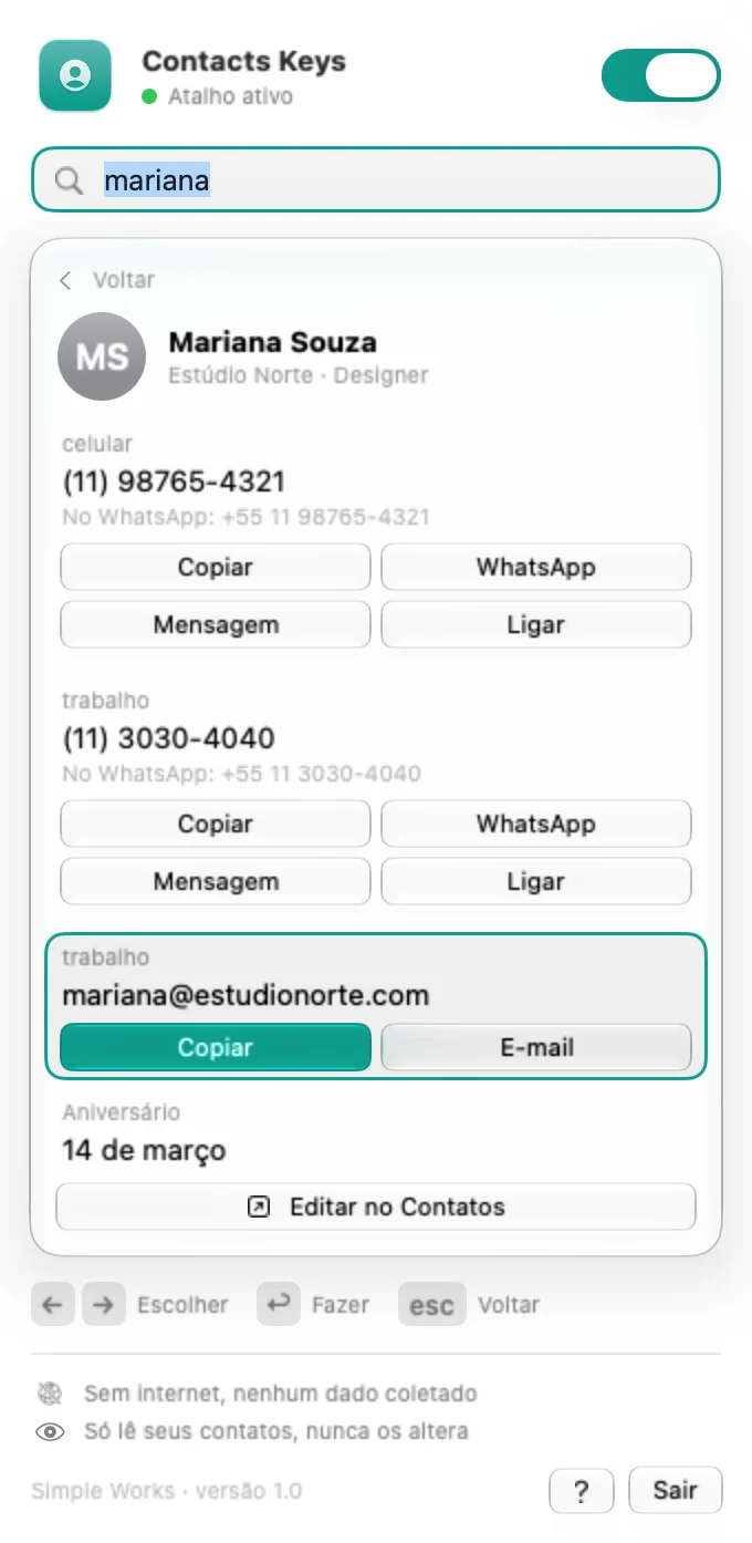 Um contato no Contacts Keys, com as ações de cada número