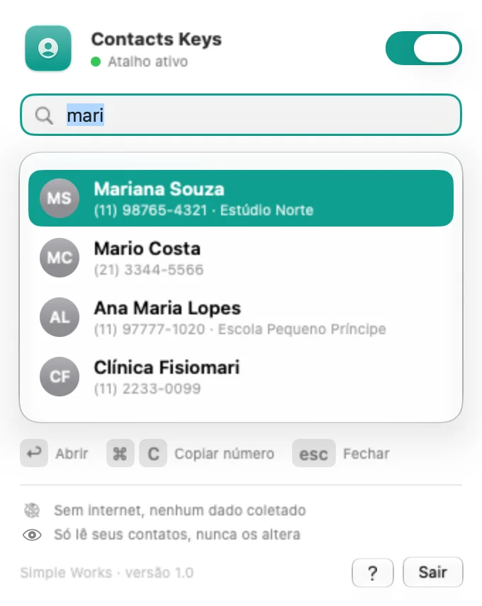A busca do Contacts Keys com os resultados