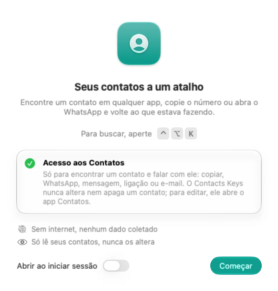 As boas-vindas do Contacts Keys, que explicam o acesso aos contatos