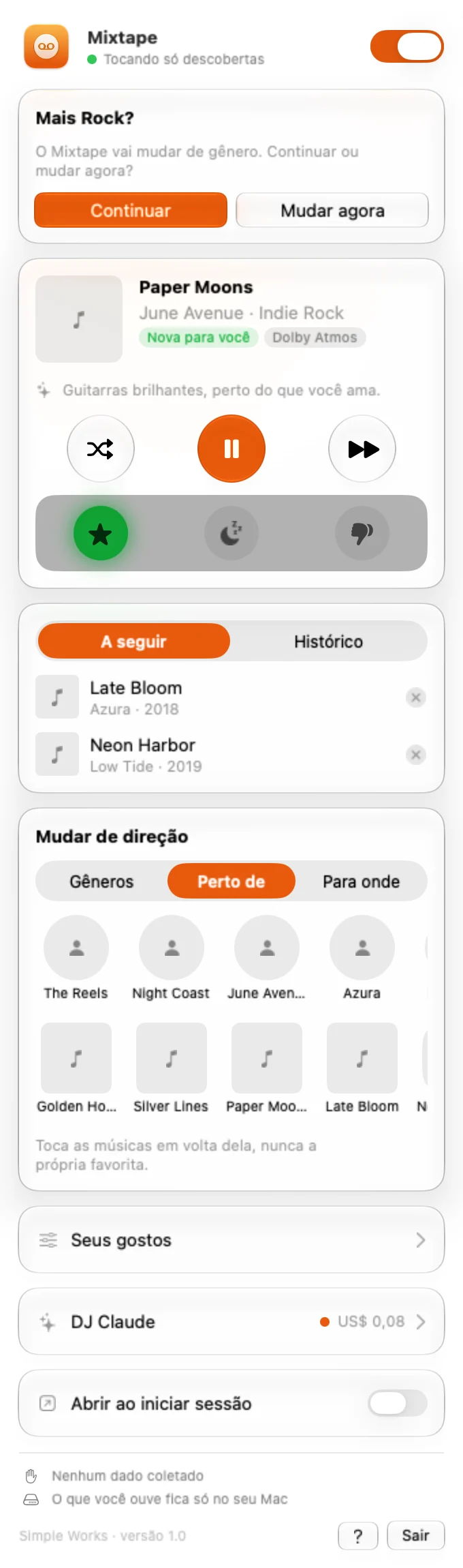 O painel do Mixtape, com a música que está tocando