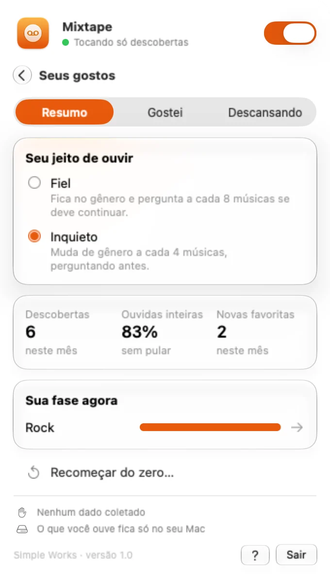 A tela Seus gostos do Mixtape