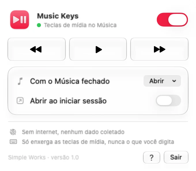 O painel do Music Keys na barra de menus