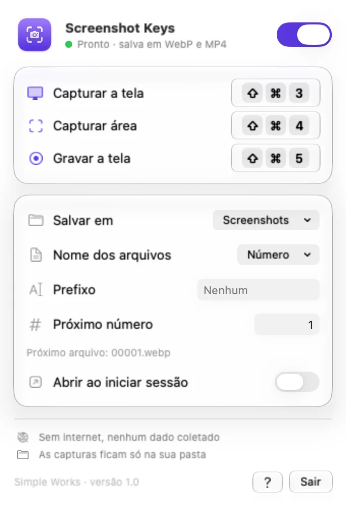 O painel do Screenshot Keys na barra de menus