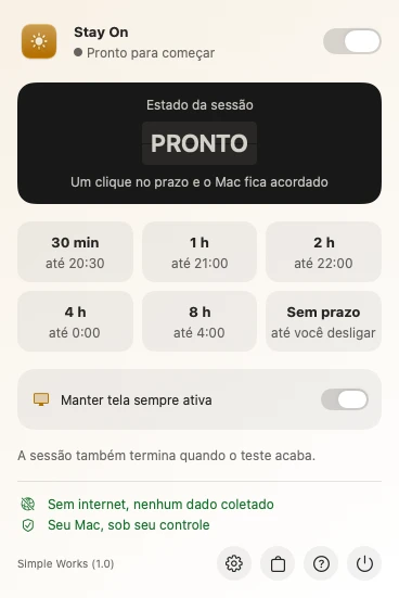 O painel do Stay On na barra de menus, com os seis prazos e a hora do fim de cada um