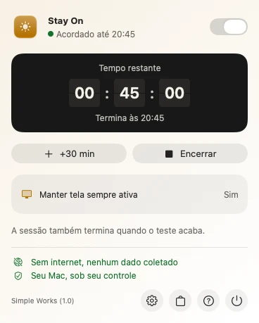 Uma sessão do Stay On contando o tempo que falta, com os botões +30 min e Encerrar