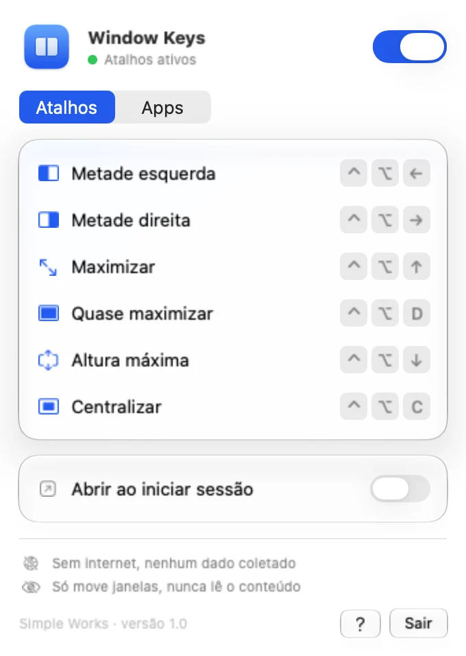 O painel do Window Keys na barra de menus